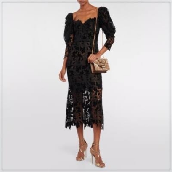 ^$5,890 NEW OSCAR DE LA RENTA BLACK VELVET GUIPURE MIDI DRESS US 4 - Picture 5 of 16